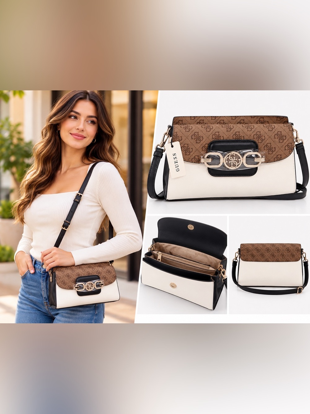 GUESS Brown Monogram and Cream Crossbody with Black Trim